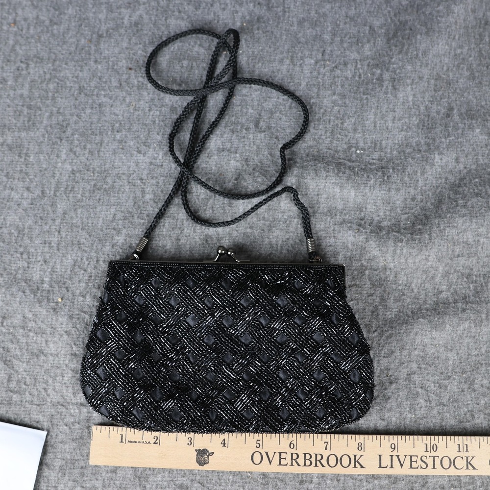 Lancôme Crossbody Bag Womens Small Black Beaded Evening Kiss Lock Purse